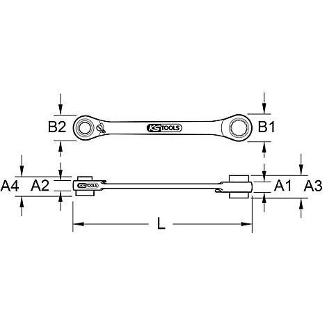 Draufsicht auf einen Ratschenschlüssel, mit Bemaßungen beschriftet.